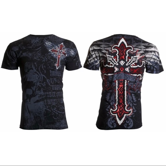 Affliction Other - Archaic Affliction Men's T-Shirt RED FLAG Cross Wings Biker Black S-5XL